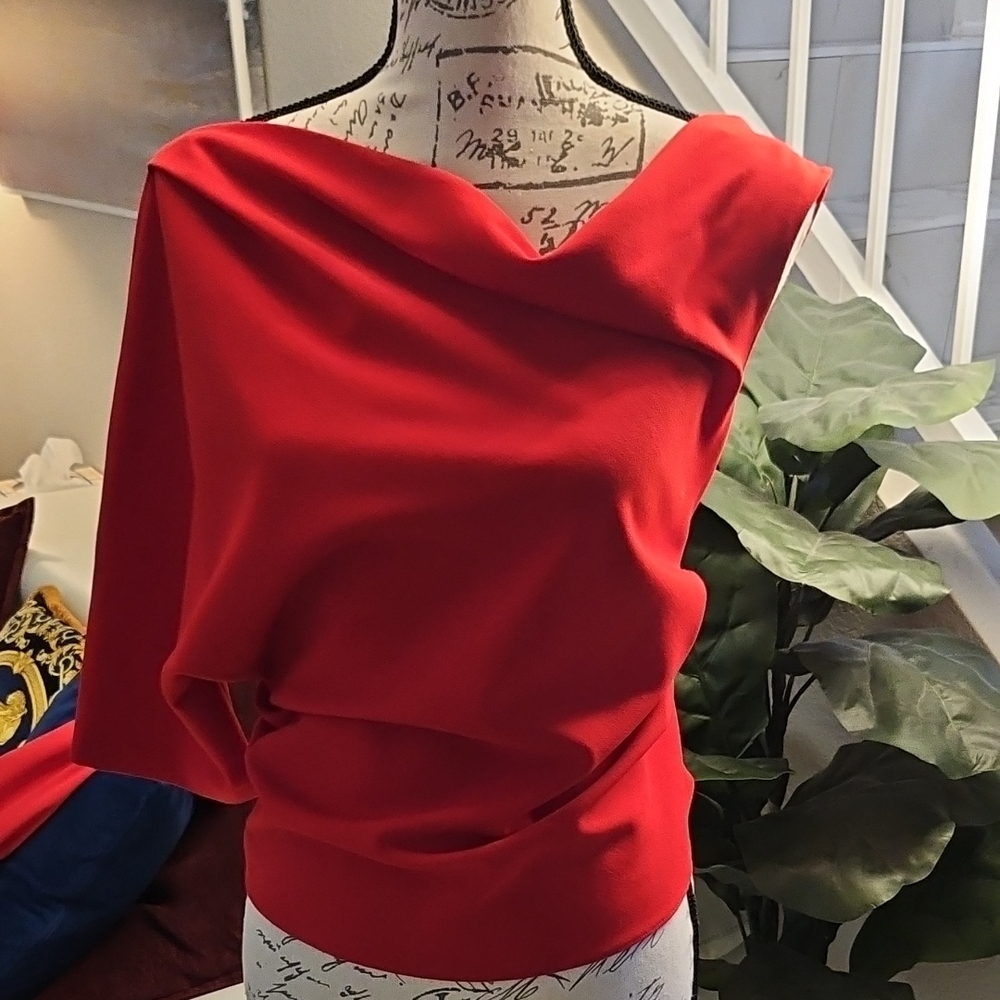 Zara Red Asymmetrical off the shoulder Blouse with side zip Size M